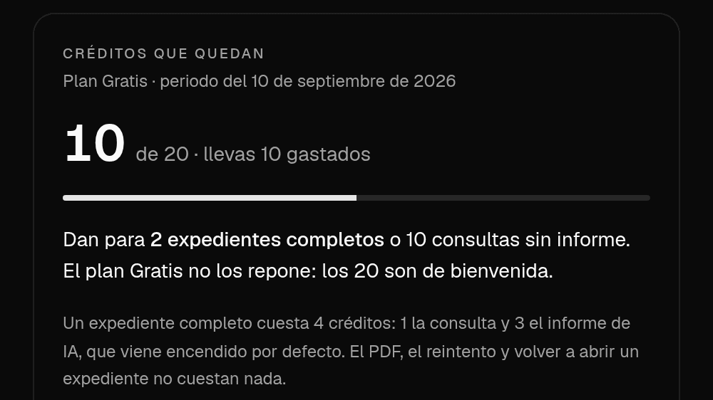 El saldo de créditos en el panel. Se ve cuántos créditos quedan del mes y en qué se fue cada uno